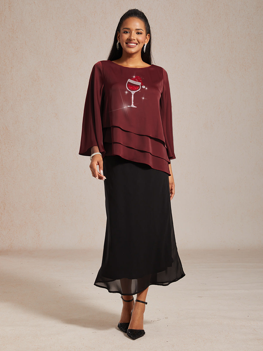 Satin Layered Bell Sleeve Top with Christmas Rhinestone