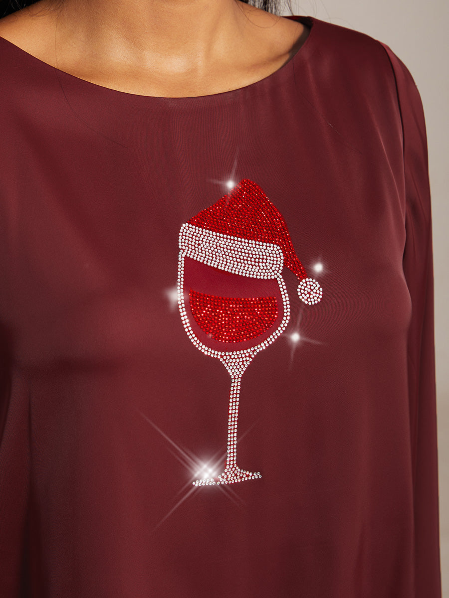 Satin Layered Bell Sleeve Top with Christmas Rhinestone