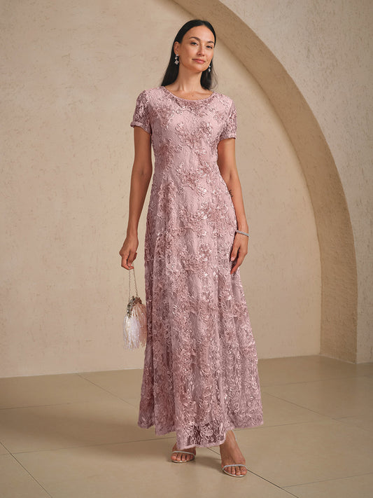 Rosette Lace A-Line Gown with Sequin Embellishment