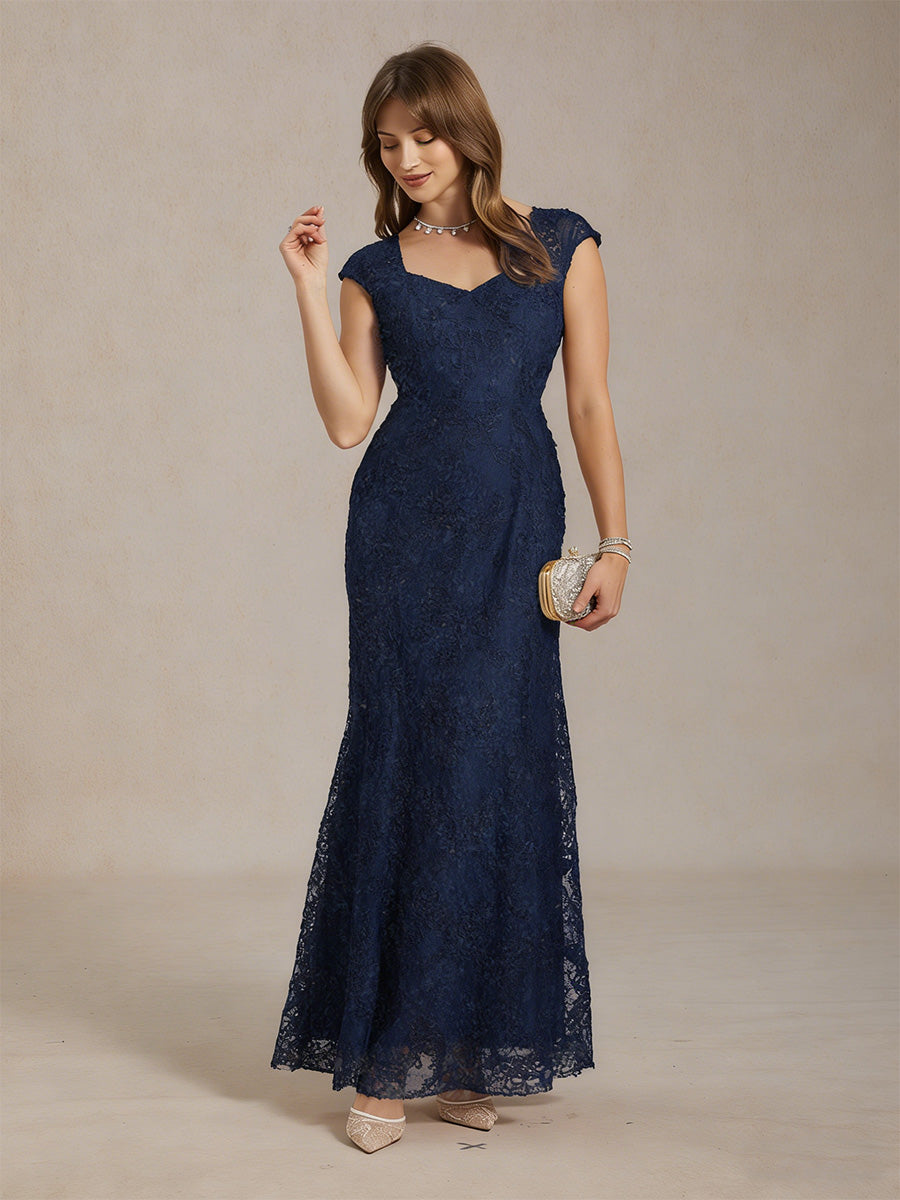 Rosette Lace Cap Sleeve V-neck Mermaid Gown