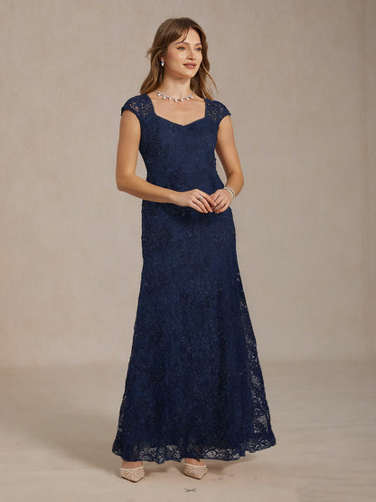 Rosette Lace Cap Sleeve V-neck Mermaid Gown
