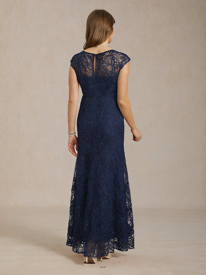 Rosette Lace Cap Sleeve V-neck Mermaid Gown