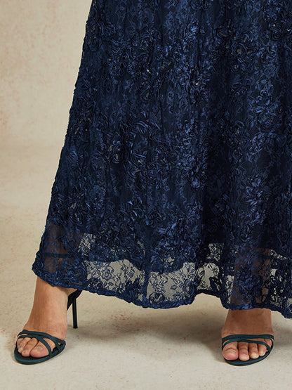 Rosette Lace Cap Sleeve V-neck Mermaid Gown