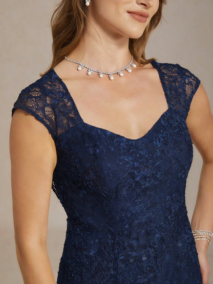 Rosette Lace Cap Sleeve V-neck Mermaid Gown