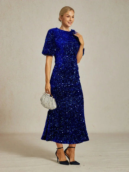 Velvet Sequin Midi Dress with Puff Sleeves