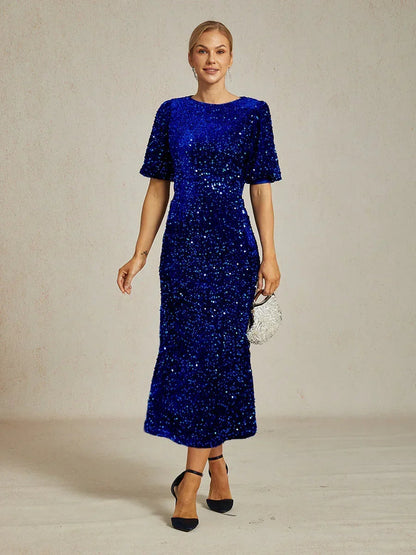 Velvet Sequin Midi Dress with Puff Sleeves