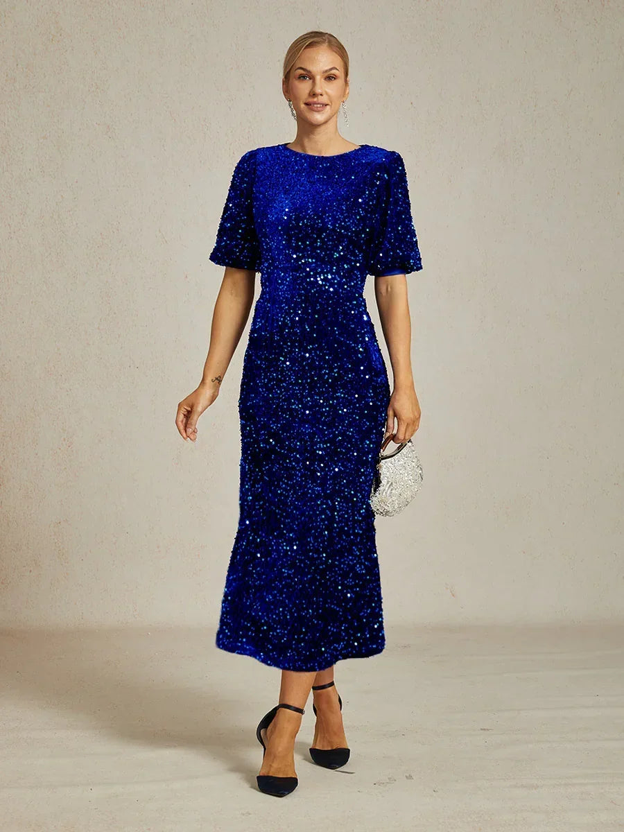 Velvet Sequin Midi Dress with Puff Sleeves