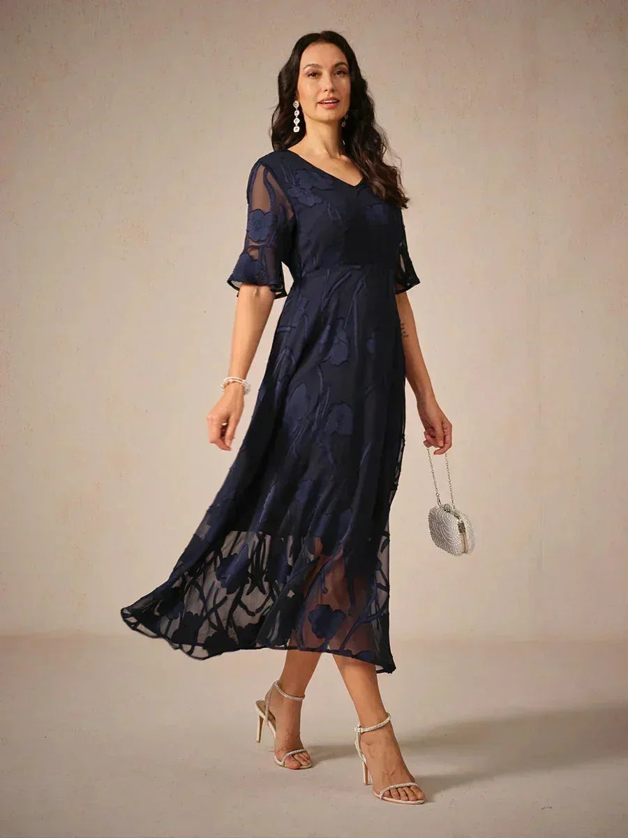 lace up ruffle maxi dress Lace Midi Dress Semi Sheer Floral Formal Navy Blue Black Green V Neck Short Flare Sleeve Wedding Guest Cocktail Party Over 50, Black / XL