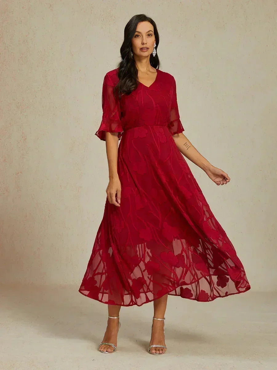 Lace Midi Dress Semi Sheer Floral Formal Navy Blue Black Green V Neck Short Flare Sleeve Wedding Guest Cocktail Party Over 50, Red / S Lace Midi Dress Semi Sheer Floral Formal Navy Blue Black Green V Neck Short Flare Sleeve Wedding Guest Cocktail Party Over 50, Red / S