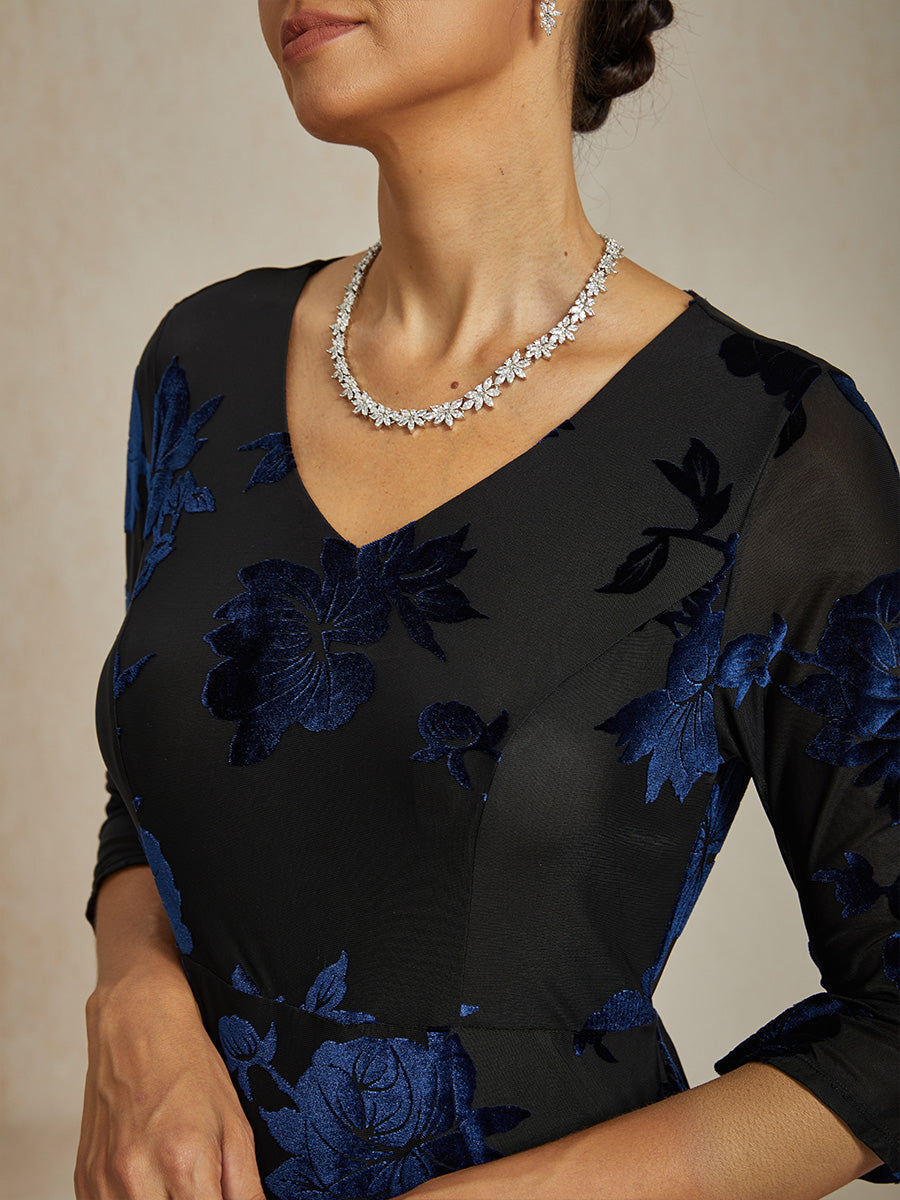 High-Stretch Floral Velvet A-Line Dress with Flutter Sleeves