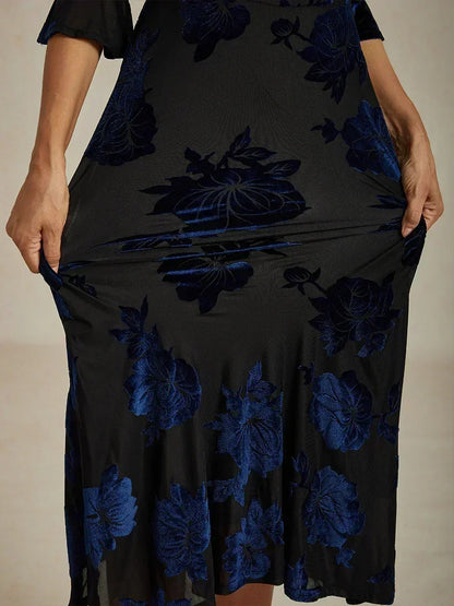 Floral Velvet A-Line Dress with Flutter Sleeves