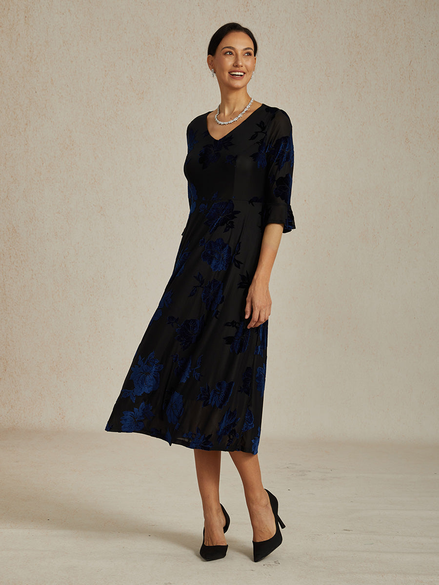 High-Stretch Floral Velvet A-Line Dress with Flutter Sleeves