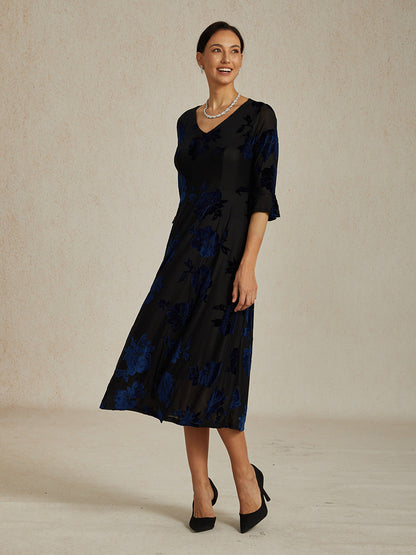 High-Stretch Floral Velvet A-Line Dress with Flutter Sleeves
