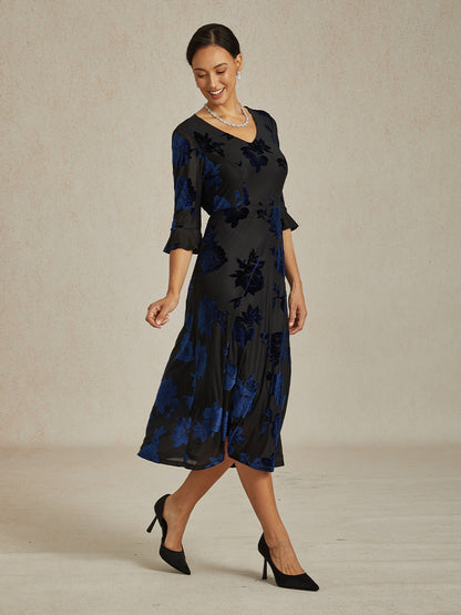 High-Stretch Floral Velvet A-Line Dress with Flutter Sleeves
