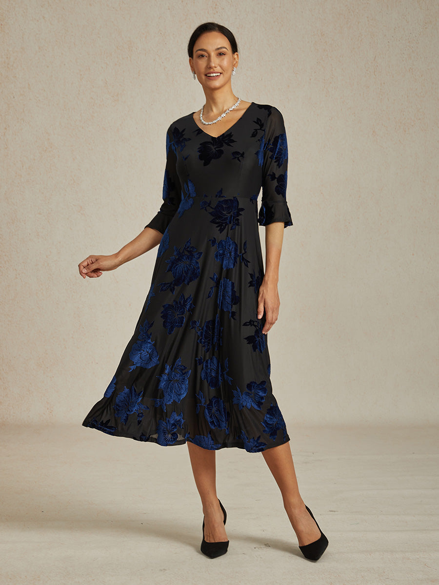 High-Stretch Floral Velvet A-Line Dress with Flutter Sleeves