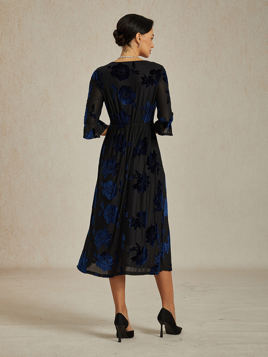 High-Stretch Floral Velvet A-Line Dress with Flutter Sleeves