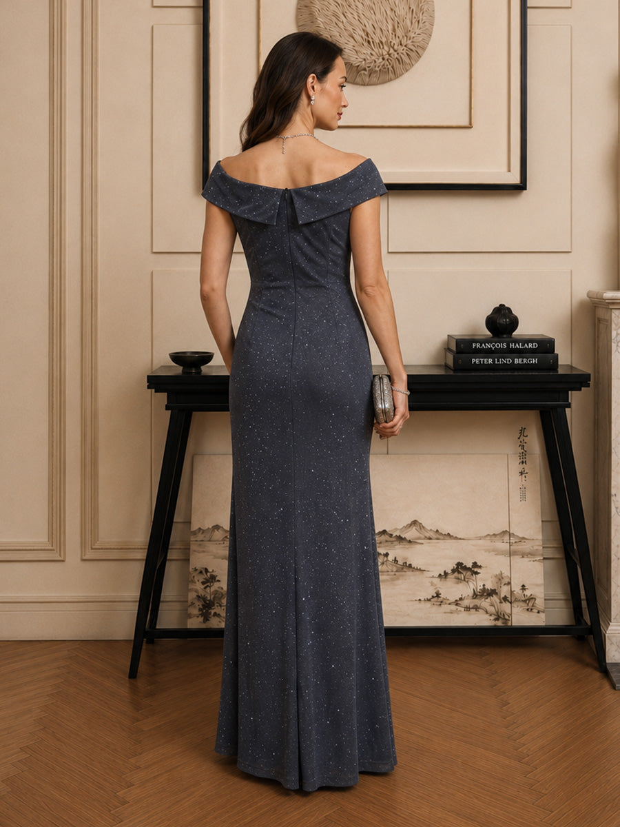 Robe Longue au Sol Épaules Dénudées Ornée de Strass