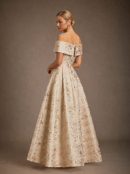 Off the Shoulder Metallic Floral Jacquard Ballgown