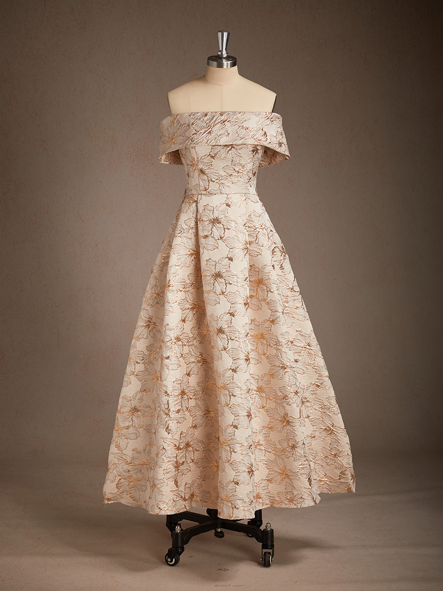 Off the Shoulder Metallic Floral Jacquard Ballgown