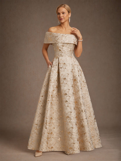 Off the Shoulder Metallic Floral Jacquard Ballgown