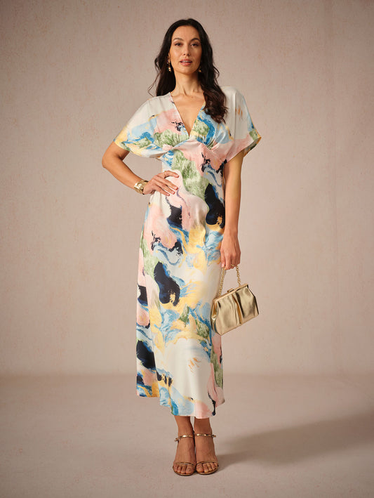 Satin Tie Dye Marble Print Maxi Dress