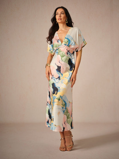 Maxikleid aus Satin mit Batikmuster und Marmorprint