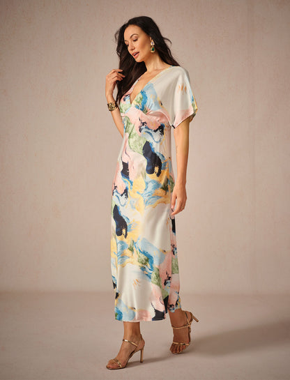 Maxikleid aus Satin mit Batikmuster und Marmorprint