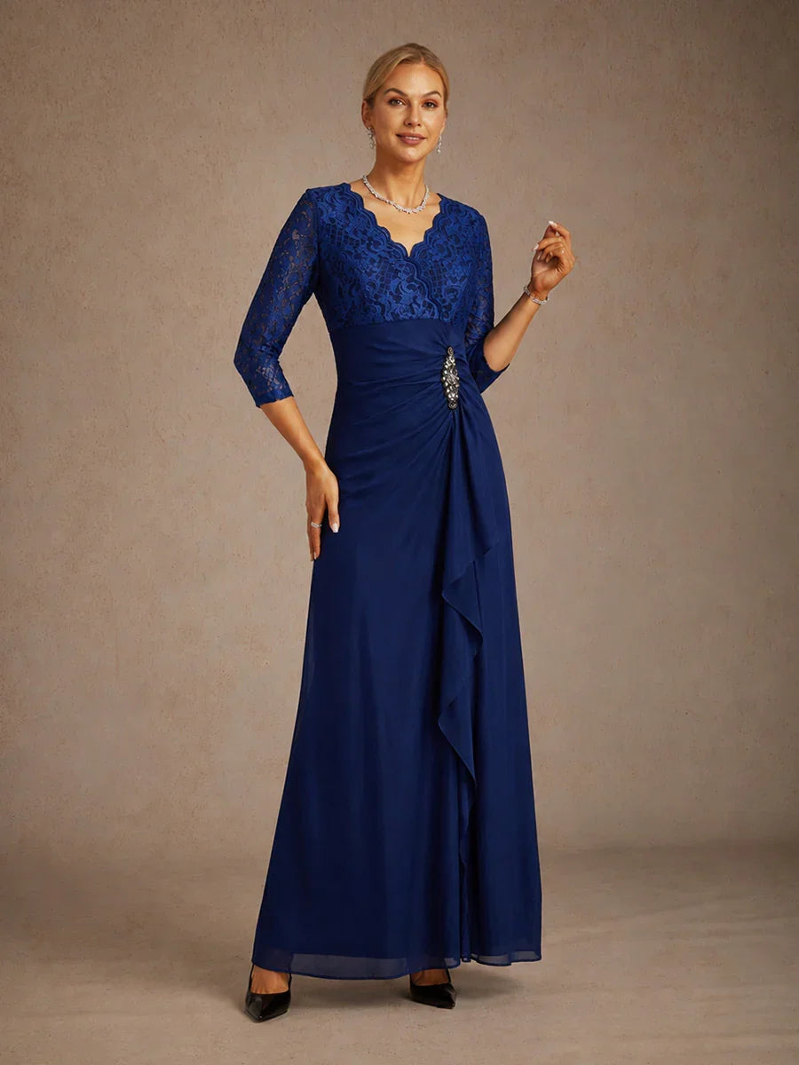 A Line Empire Waist Wedding Guest Dress Champagne Gold Lace Evening Gown Formal Party Mother Of The Bride Maxi Dress Ruched Slit, Navy Blue / XL