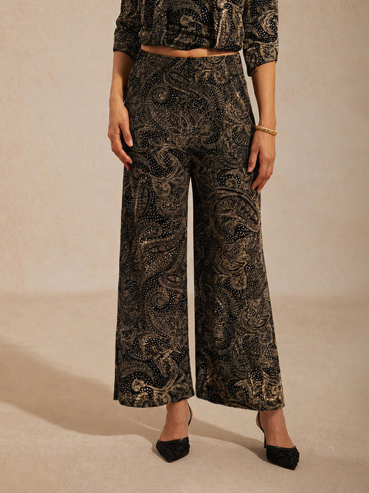 Paisley Straight Leg Knit Pants with Subtle Sequin Detail