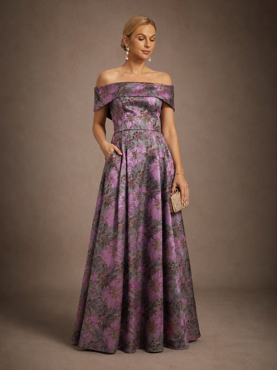 Off the Shoulder Metallic Floral Jacquard Ballgown