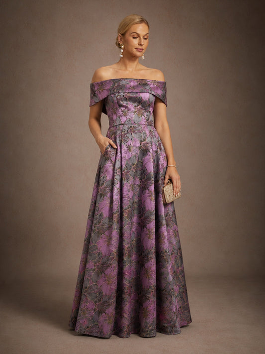Off-the-Shoulder Metallic Bloemenjacquard Baljurk