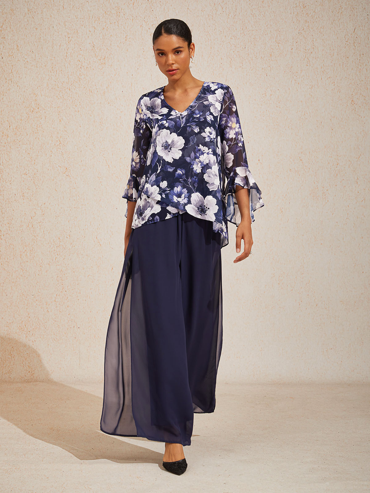 Elegant Boho chiffonbluse med volangerm
