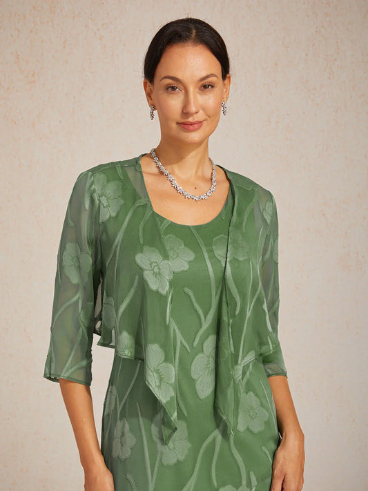Boléro en Chiffon Transparent à Motif Floral, Manches 3/4