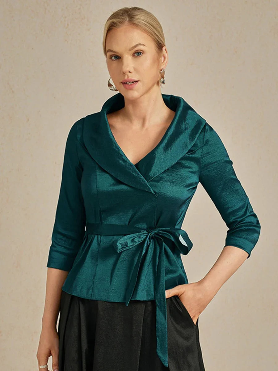 3/4 ermet stretch taftbluse med knytebelte i midjen