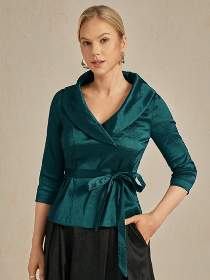 3/4 ermet stretch taftbluse med knytebelte i midjen