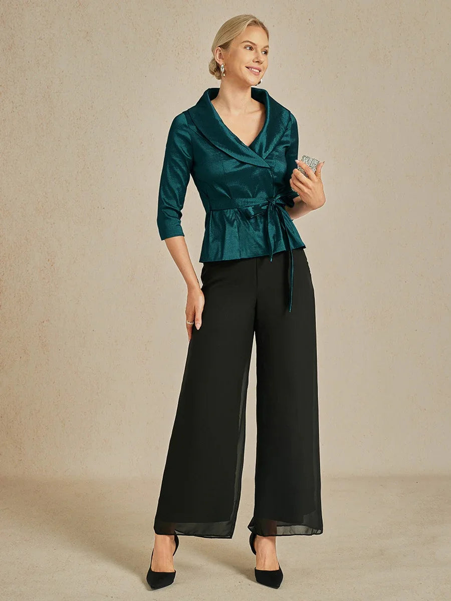 3/4 ermet stretch taftbluse med knytebelte i midjen