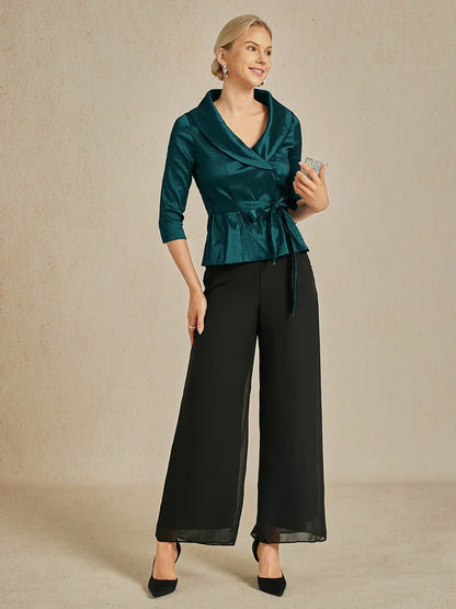 3/4 ermet stretch taftbluse med knytebelte i midjen