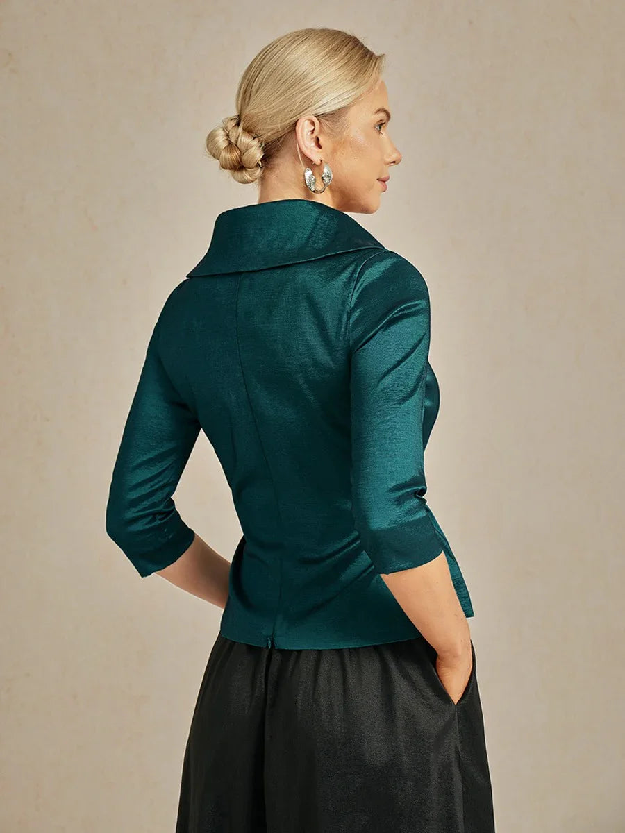 3/4 ermet stretch taftbluse med knytebelte i midjen
