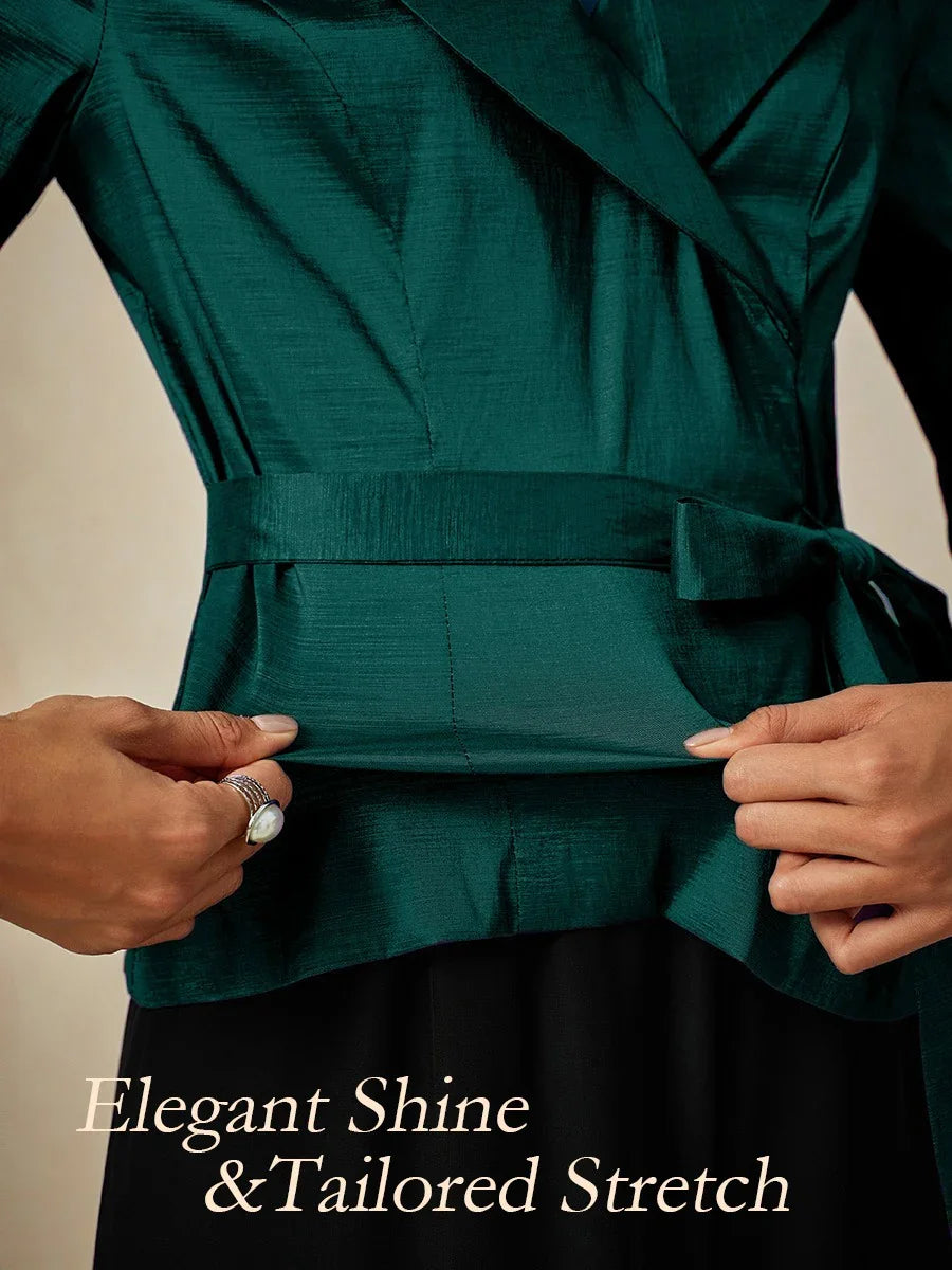 3/4 ermet stretch taftbluse med knytebelte i midjen