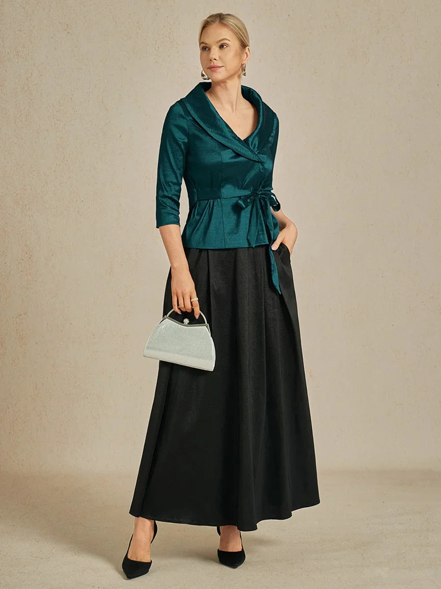 3/4 ermet stretch taftbluse med knytebelte i midjen