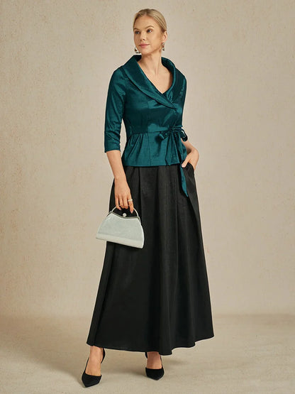 3/4 ermet stretch taftbluse med knytebelte i midjen