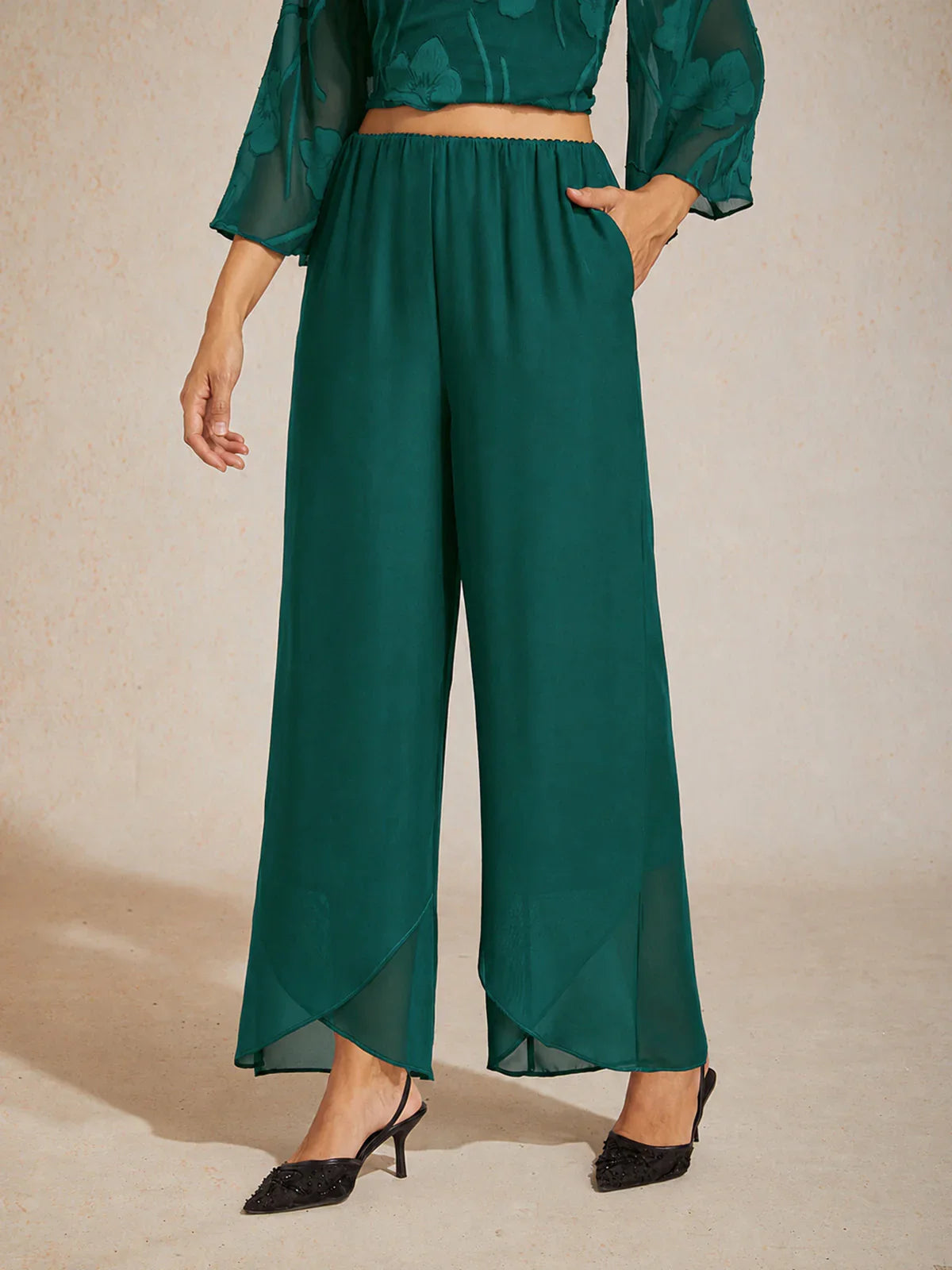 Straight Leg Mid Waist Layered Chiffon Pants
