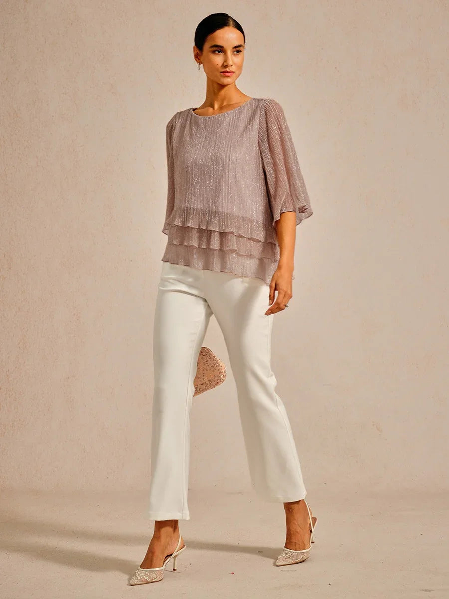 Asymmetrische Lagenbluse aus metallisch schimmerndem, plissiertem Chiffon