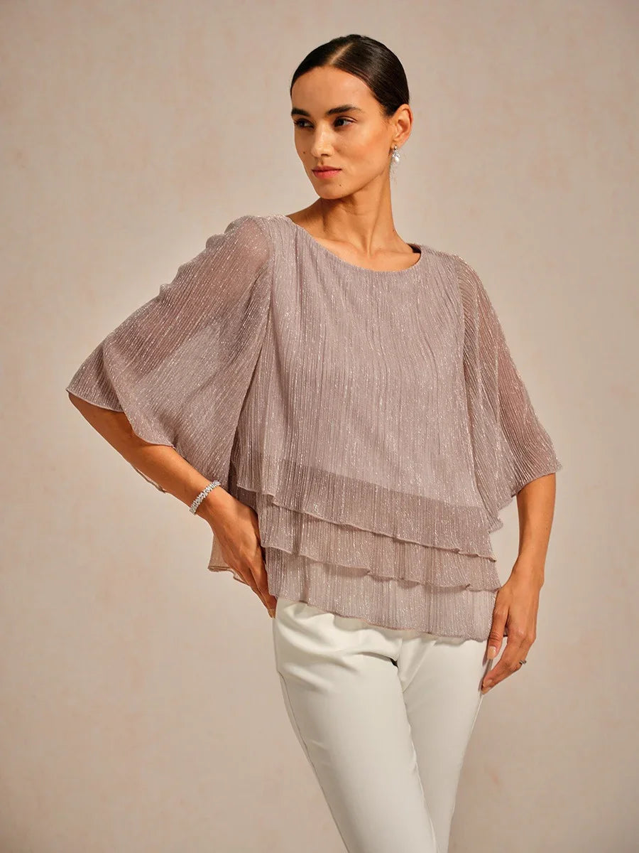 Asymmetrische Lagenbluse aus metallisch schimmerndem, plissiertem Chiffon