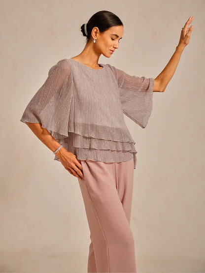 Asymmetrische Lagenbluse aus metallisch schimmerndem, plissiertem Chiffon