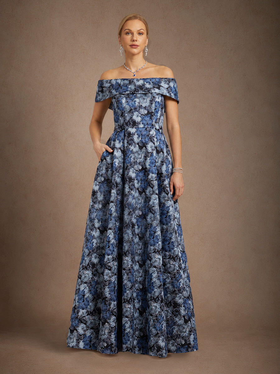 Off the Shoulder Metallic Floral Jacquard Ballgown