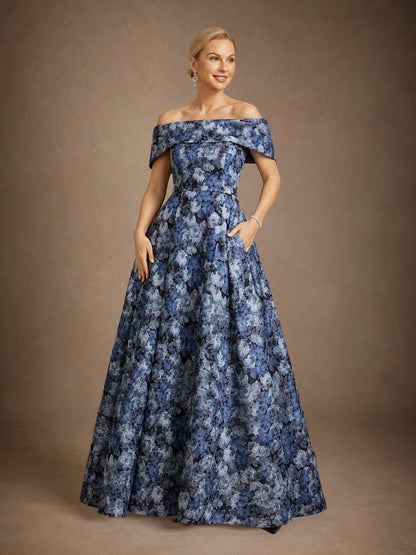 Off the Shoulder Metallic Floral Jacquard Ballgown