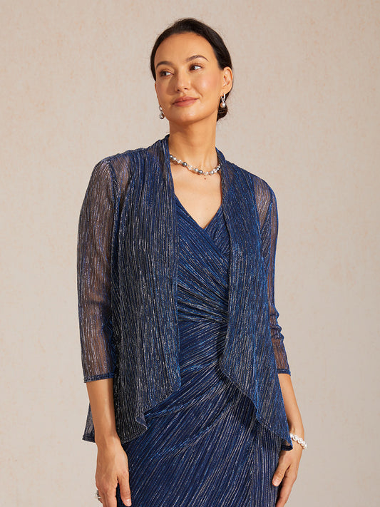 Metallic Pleated Chiffon Long Jacket with Layered Design