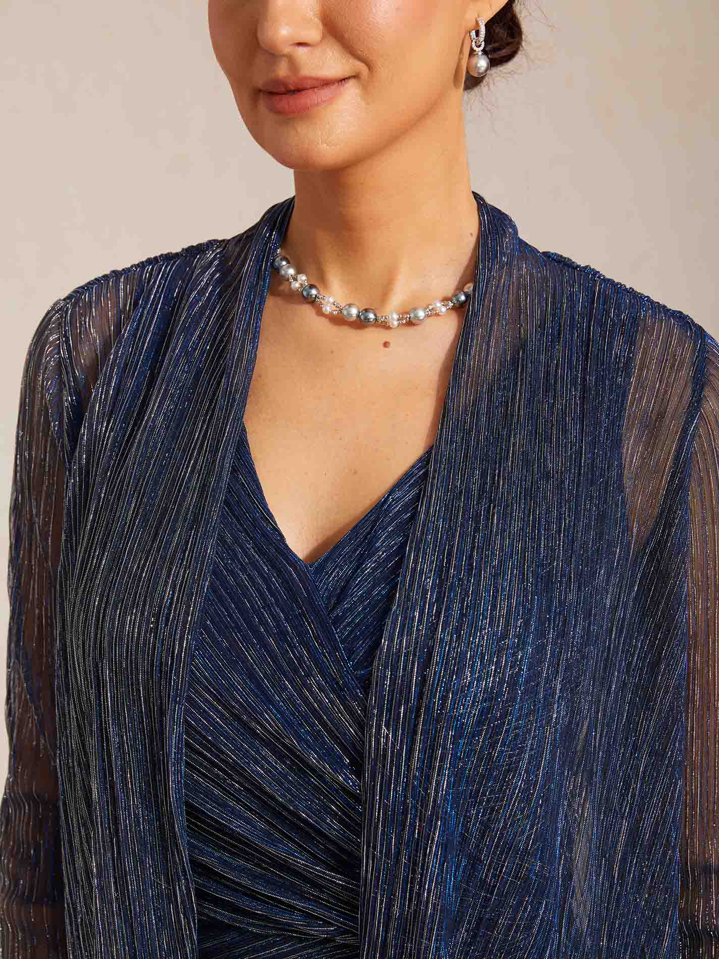 Metallic Pleated Chiffon Long Jacket with Layered Design