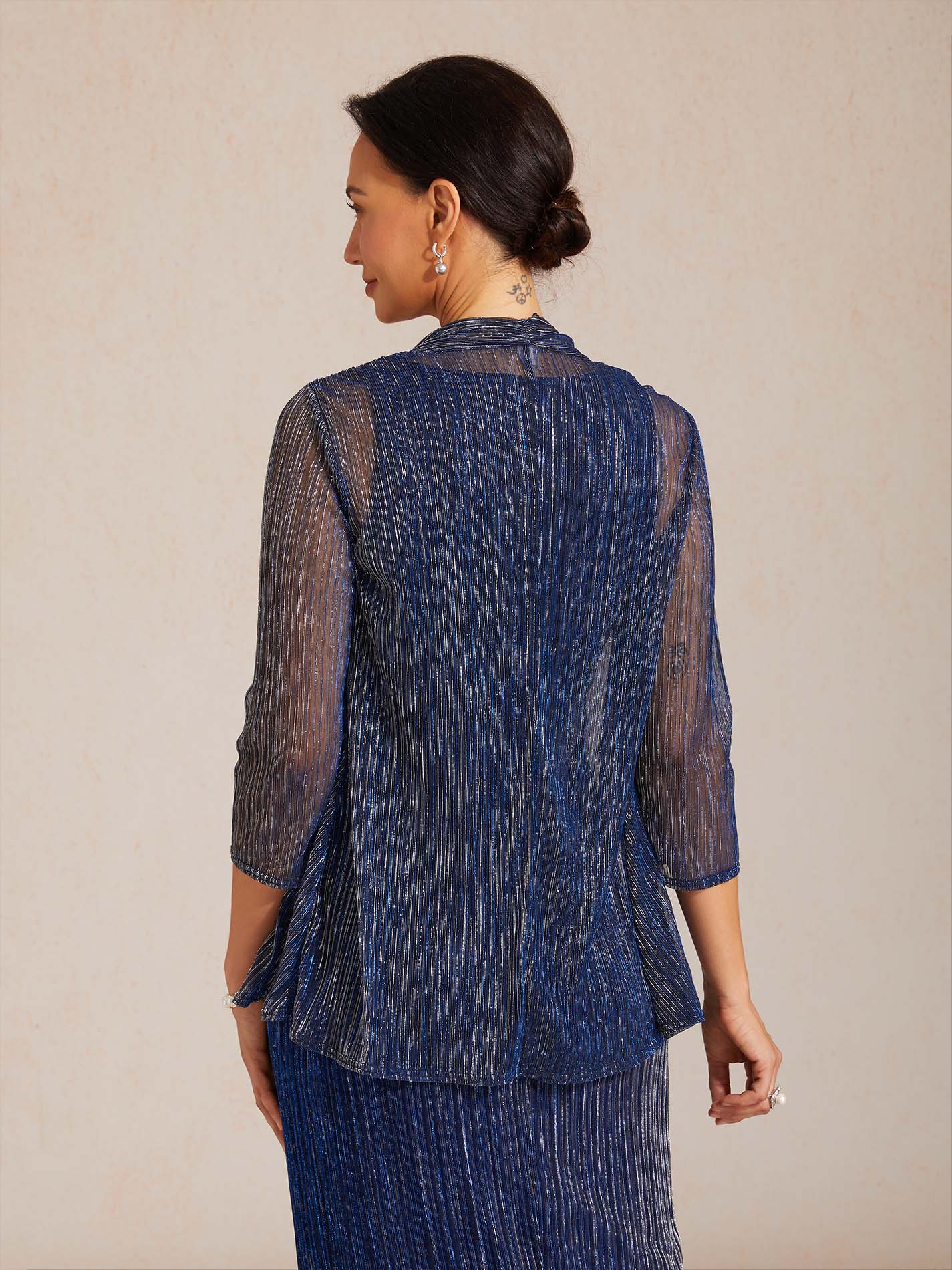 Metallic Pleated Chiffon Long Jacket with Layered Design